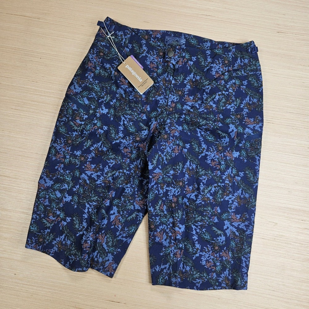 Patagonia Dirt Roamer Bike Shorts Women 2 Blue Snow Pine Pattern Cycling MTB NEW